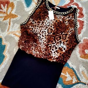 TEA N ROSE CHAIN ACCENT ANIMAL PRINT MINI DRESS FLOUNCE TOP TUBE SKIRT BOTTOM